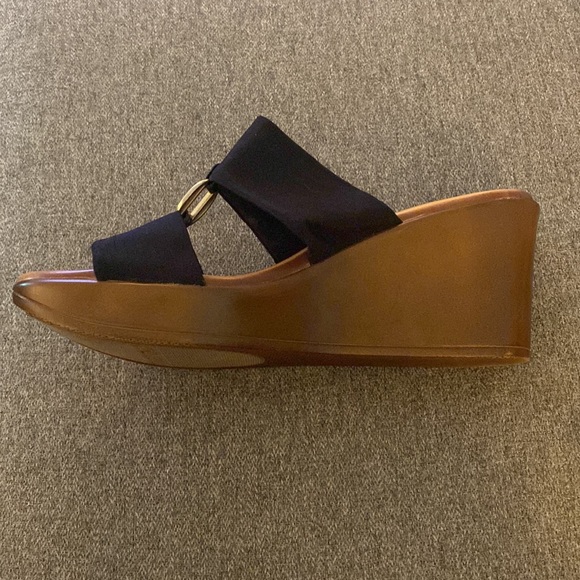 Italian Shoemakers Black Nylon Brass And Leather Wedge Sandal Womens Size 9 - Picture 8 of 15